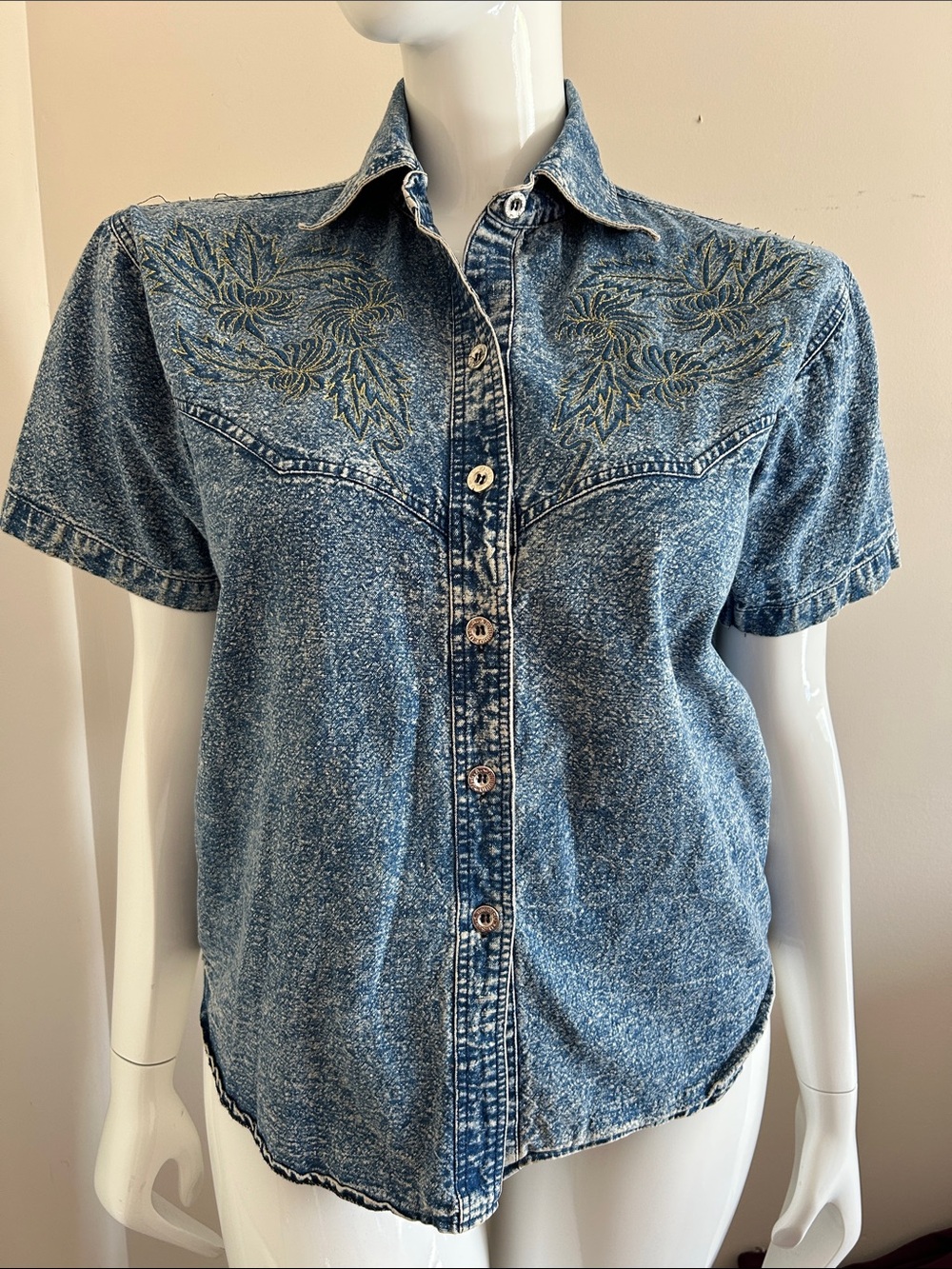 Vintage Blue Embroidered Denim Button-Down Shirt